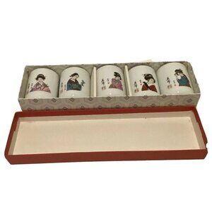 Japanese Geisha Girls Ceramic Sake Cups Set of 5 with Box